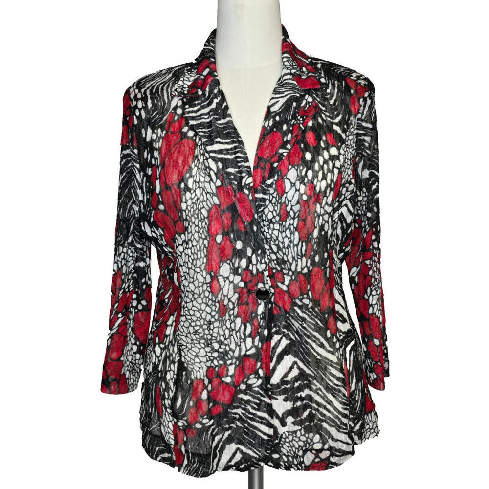 ERIN LONDON BLACK WHITE & RED SHEER JACKET STYLE LONG SLEEVE WOMEN'S SHIRT SZ LG